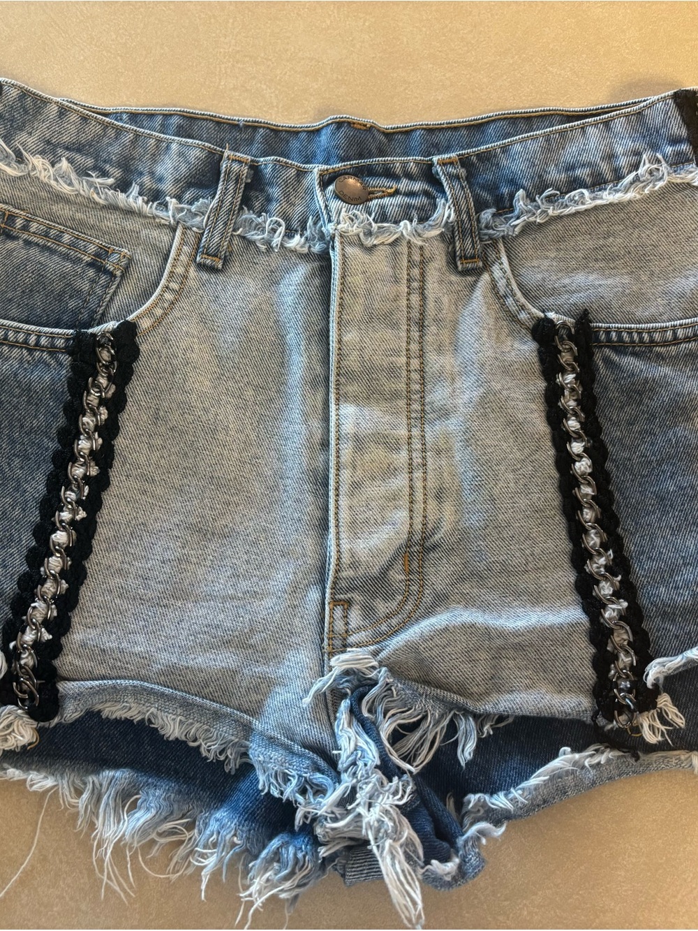 Carmar Light Blue Distressed Denim Shorts with Black Chain Trim